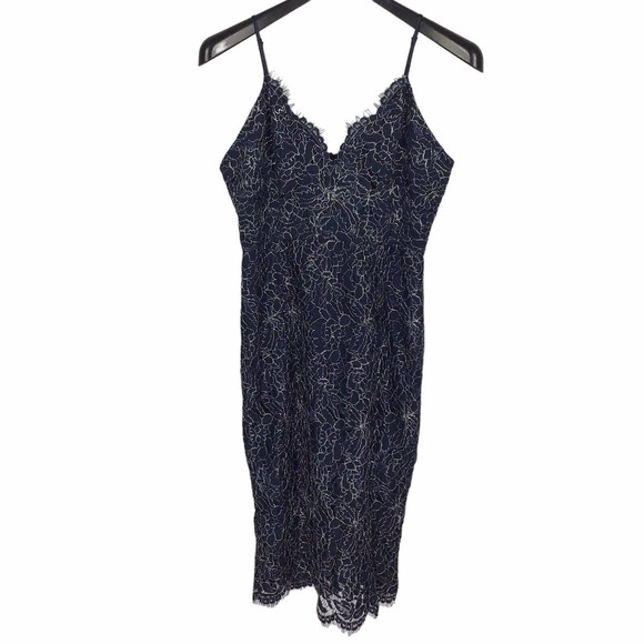 Chelsea28 Lace Sweetheart Sheath Midi Cocktail Dress Women's M Navy Metallic - Picture 2 of 5